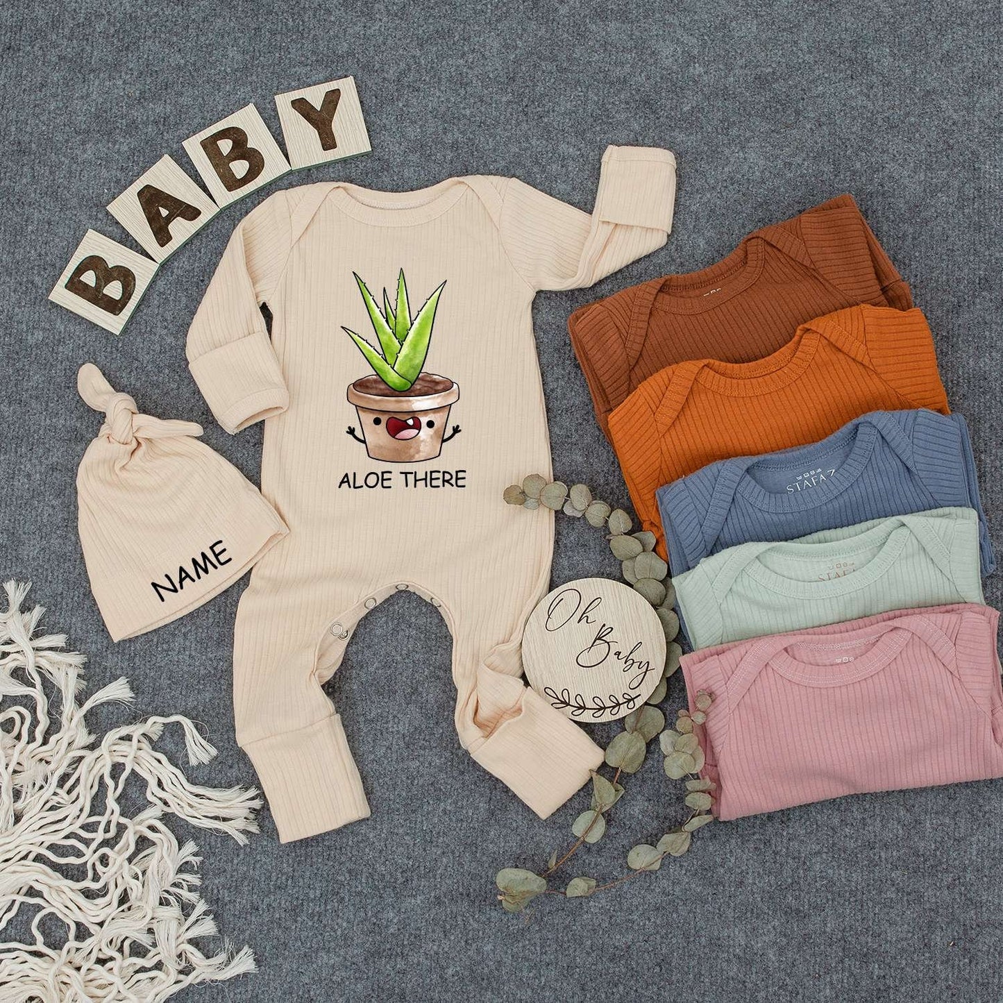 Personalized Aloe There Baby Bodysuit and Hat Set with Cute Smiling Potted Plant Custom Name Newborn Coming Home Outfit New Mom Gift