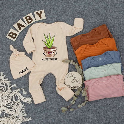 Personalized Aloe There Baby Bodysuit and Hat Set with Cute Smiling Potted Plant Custom Name Newborn Coming Home Outfit New Mom Gift
