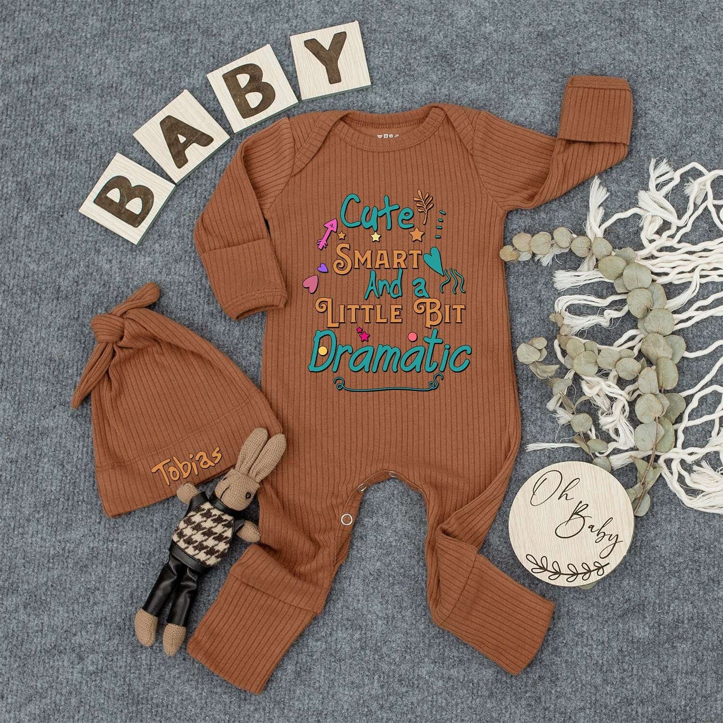 Cute Smart And a Little Bit Dramatic Custom Baby Bodysuit Hat Set Newborn Boy Outfit Colorful Whimsical New Mom Gift