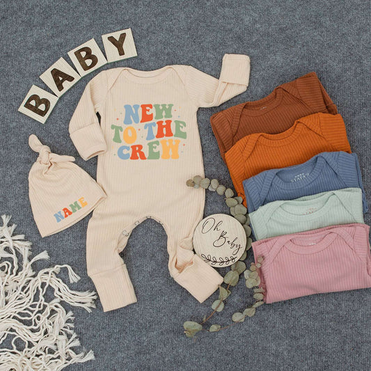 Custom New to the Crew Bodysuit & Hat Set Retro Multi-Color Graphic Baby Romper Outfit Newborn Gift