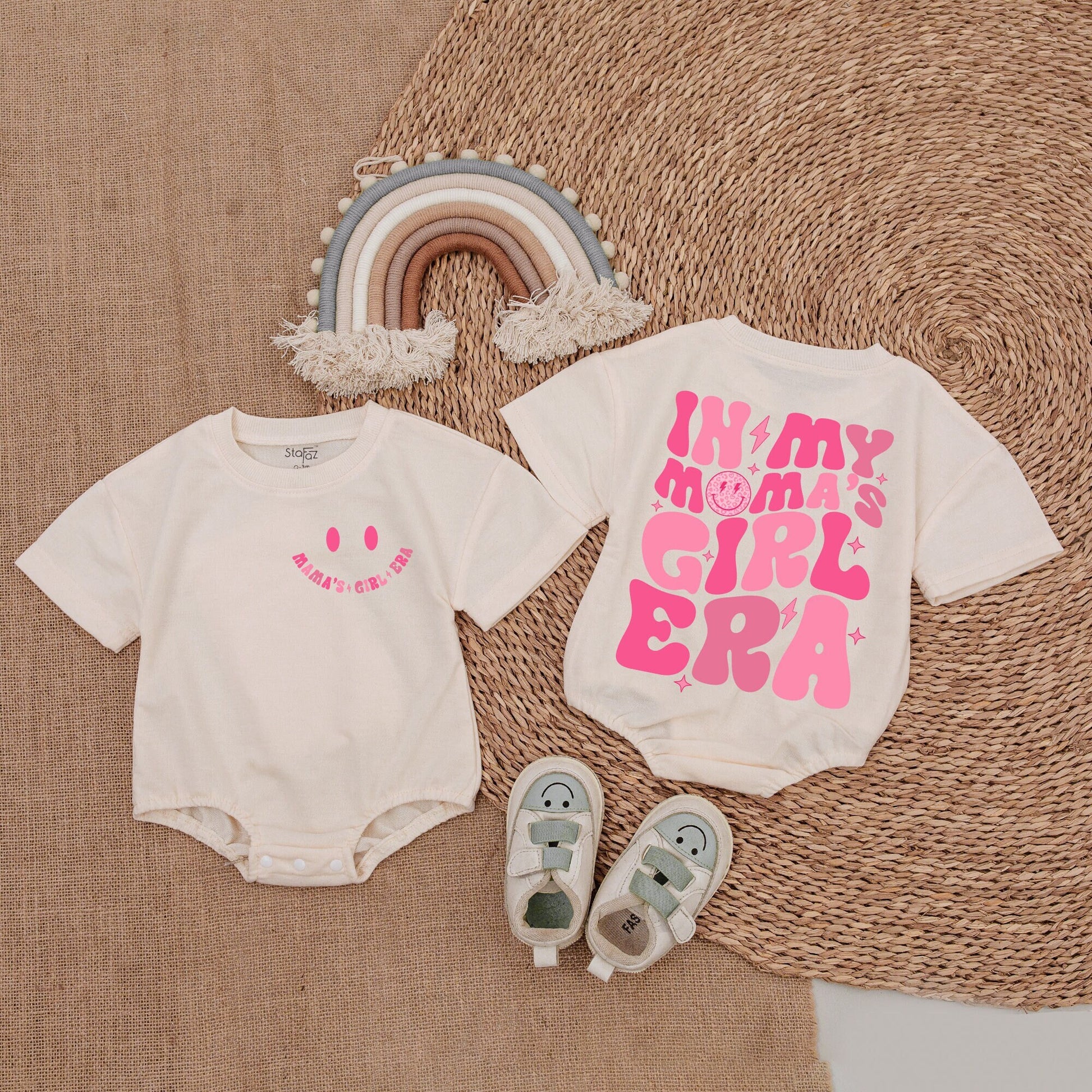 Pink Retro Mama's Girl Era Baby Girl Romper, Mommy and Me Vintage 70s Outfit with Smiley Face Lightning Star Accents Gift