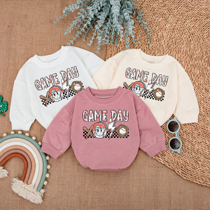 Game Day Baseball Baby Bubble Romper, Newborn Infant Bodysuit Outfit with Stitched GAME DAY Text & Vintage Style Graphics.