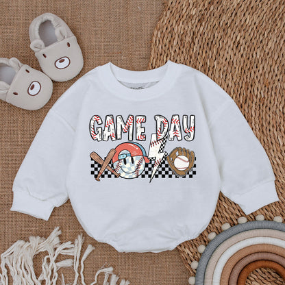 Game Day Baseball Baby Bubble Romper, Newborn Infant Bodysuit Outfit with Stitched GAME DAY Text & Vintage Style Graphics.