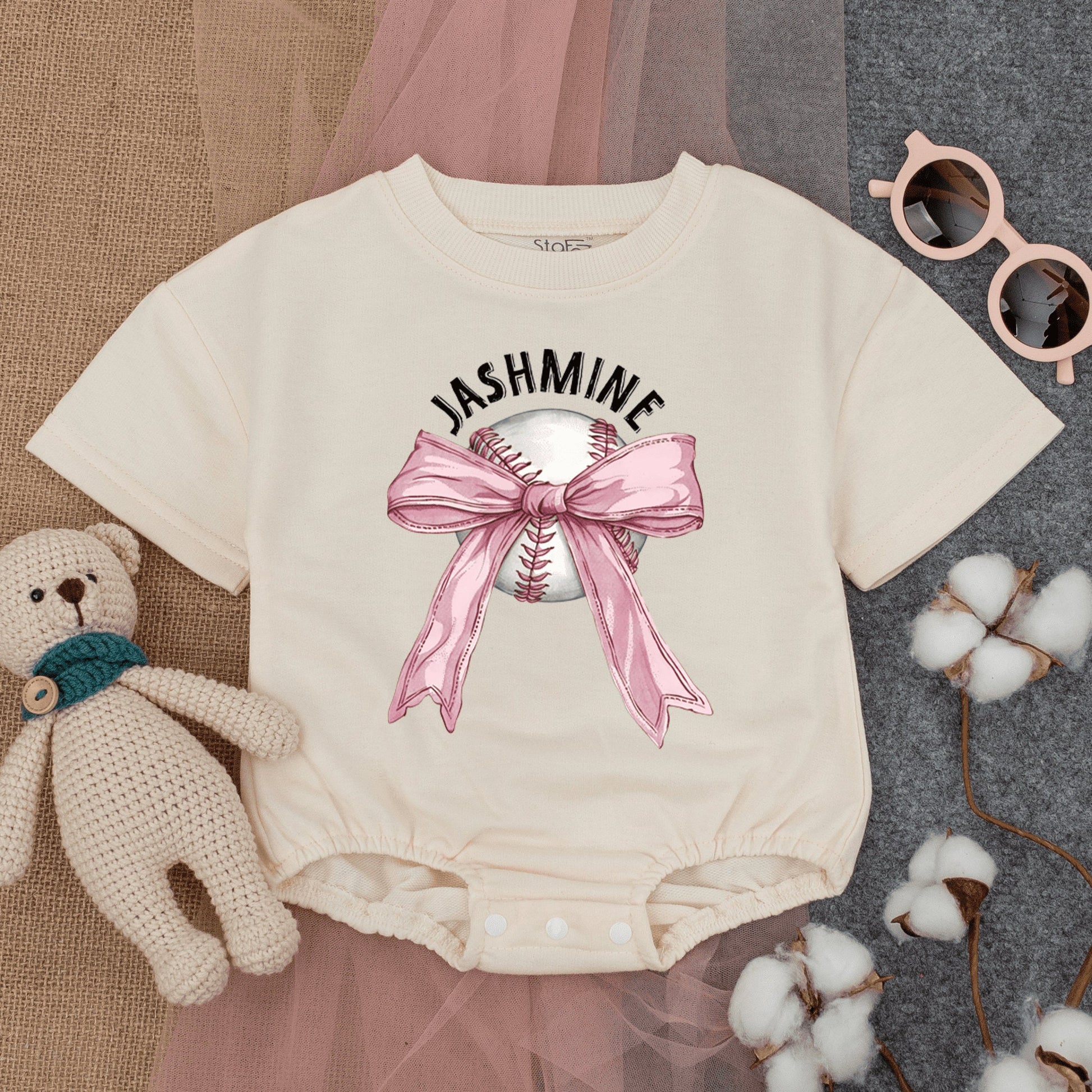 Custom Baseball Bow Baby Bodysuit Toddler T-Shirt Cute Girly Game Day Outfit with Name Jashmine
