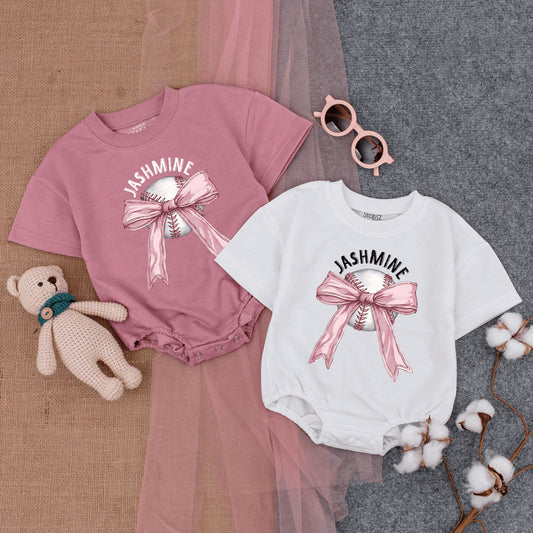Custom Baseball Bow Baby Bodysuit Toddler T-Shirt Cute Girly Game Day Outfit with Name Jashmine