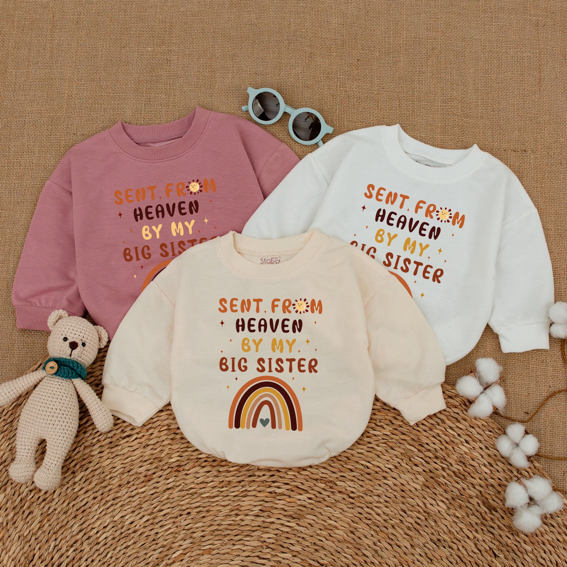 Sent From Heaven By My Big Sister Baby Romper Guardian Angel Bodysuit Whimsical Rainbow Sun Stars Newborn Coming Home Outfit Gift