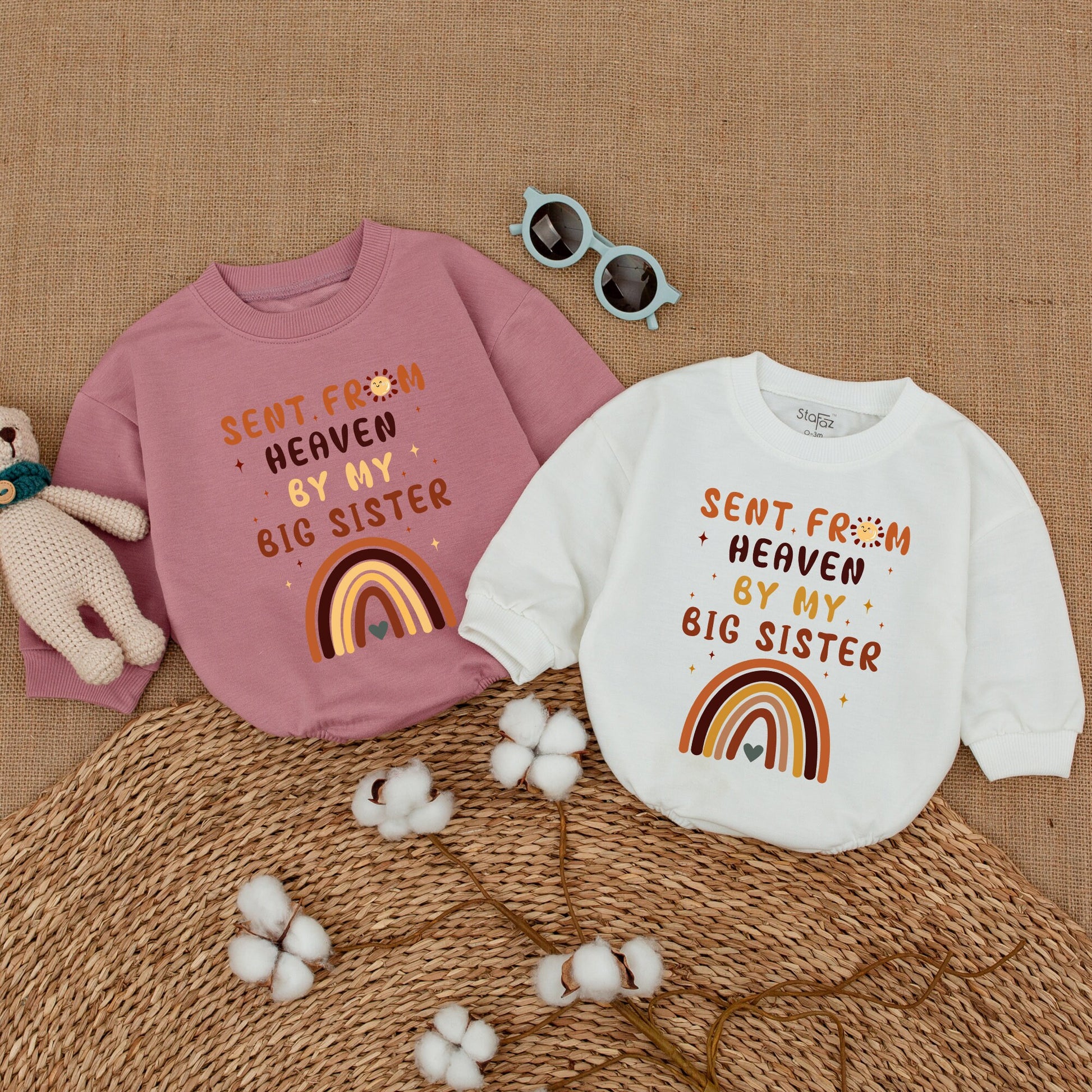 Sent From Heaven By My Big Sister Baby Romper Guardian Angel Bodysuit Whimsical Rainbow Sun Stars Newborn Coming Home Outfit Gift