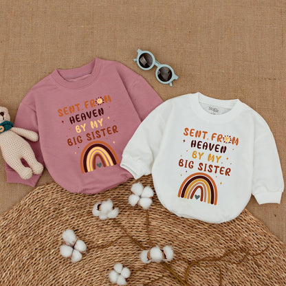 Sent From Heaven By My Big Sister Baby Romper Guardian Angel Bodysuit Whimsical Rainbow Sun Stars Newborn Coming Home Outfit Gift
