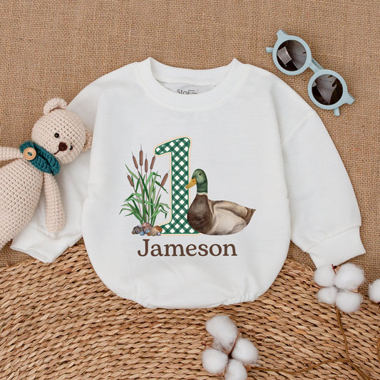 One Lucky Duck Birthday Romper Watercolor Mallard Duckling with Gingham "1" Whimsical Rustic Baby Clothes Infant Gift 136