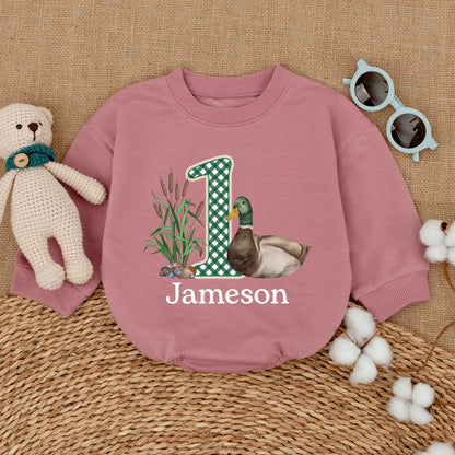 One Lucky Duck Birthday Romper Watercolor Mallard Duckling with Gingham "1" Whimsical Rustic Baby Clothes Infant Gift 136