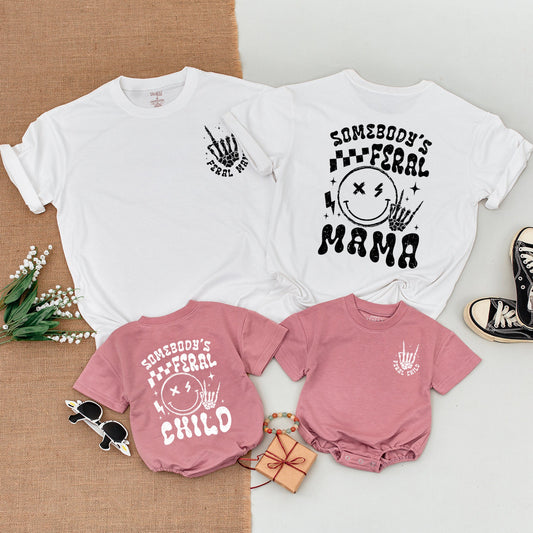 Somebodys Feral Mama Shirt Feral Child Bodysuit Matching Family Outfits Wild Mom Baby Clothes Rock On Skeleton Hand Stars