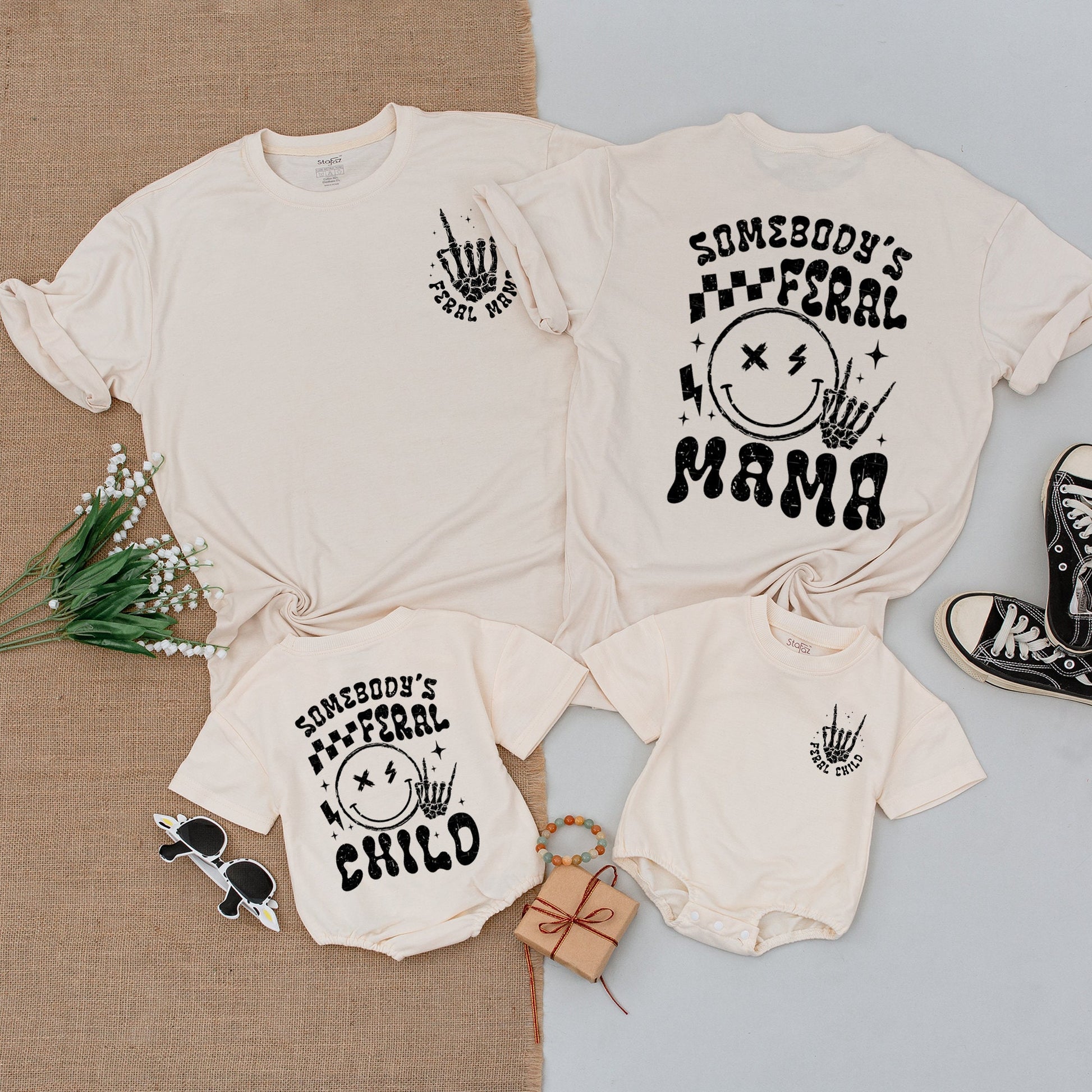 Somebodys Feral Mama Shirt Feral Child Bodysuit Matching Family Outfits Wild Mom Baby Clothes Rock On Skeleton Hand Stars