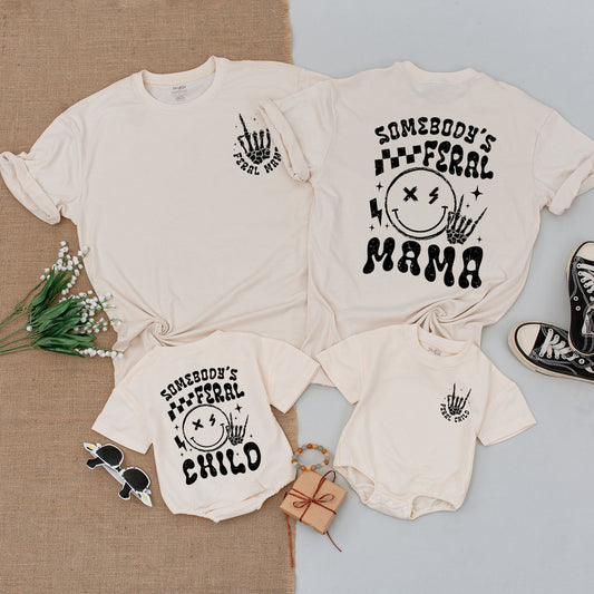 Somebodys Feral Mama Shirt Feral Child Bodysuit Matching Family Outfits Wild Mom Baby Clothes Rock On Skeleton Hand Stars