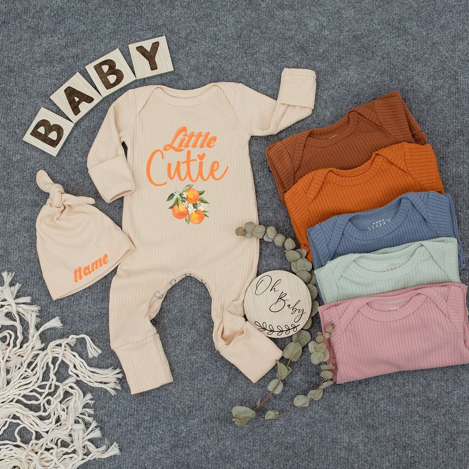 Personalized Little Cutie Orange Fruit Baby Bodysuit and Hat Set Sweet Newborn Gift Going Home Outfit Cheerful Whimsical Keepsake