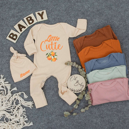 Personalized Little Cutie Orange Fruit Baby Bodysuit and Hat Set Sweet Newborn Gift Going Home Outfit Cheerful Whimsical Keepsake