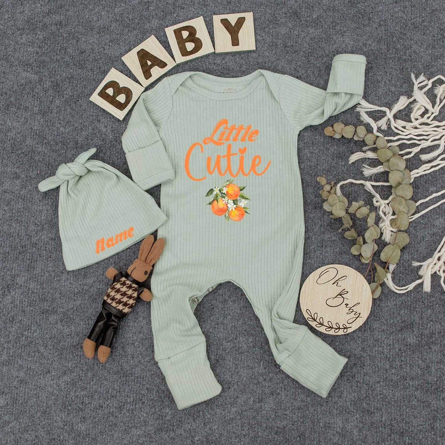 Personalized Little Cutie Orange Fruit Baby Bodysuit and Hat Set Sweet Newborn Gift Going Home Outfit Cheerful Whimsical Keepsake