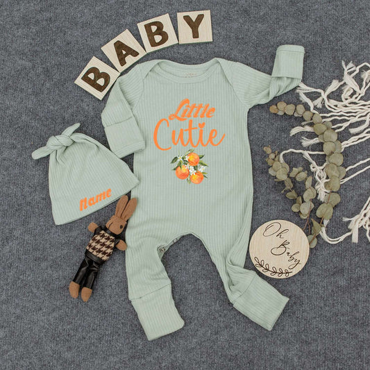 Personalized Little Cutie Orange Fruit Baby Bodysuit and Hat Set Sweet Newborn Gift Going Home Outfit Cheerful Whimsical Keepsake
