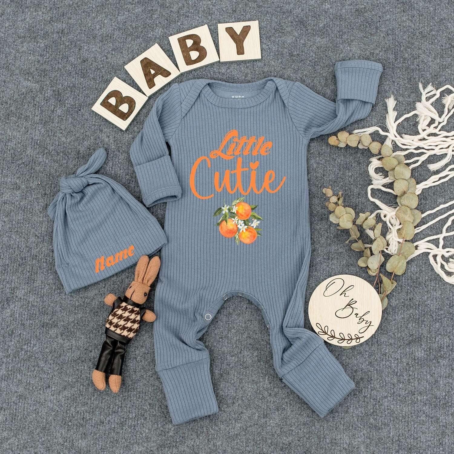 Personalized Little Cutie Orange Fruit Baby Bodysuit and Hat Set Sweet Newborn Gift Going Home Outfit Cheerful Whimsical Keepsake