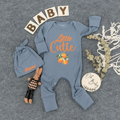 Personalized Little Cutie Orange Fruit Baby Bodysuit and Hat Set Sweet Newborn Gift Going Home Outfit Cheerful Whimsical Keepsake