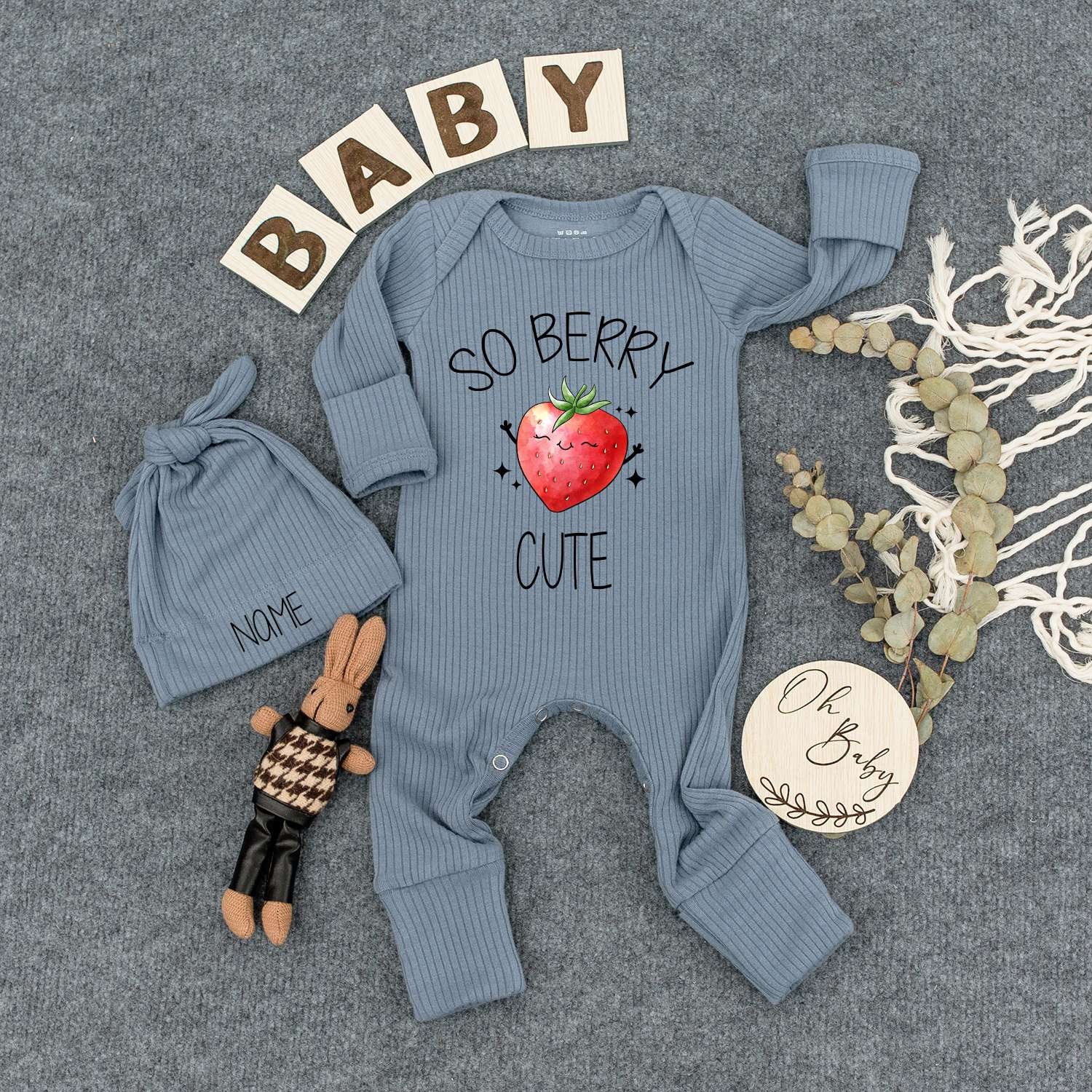 Personalized So Berry Cute Baby Bodysuit and Hat Set with Smiling Strawberry Design Whimsical Fruit Newborn Outfit New Mom Gift Romper