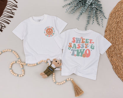 Sweet Sassy Two Birthday Girl Shirt: Retro Pastel 2nd Birthday Outfit, Smiling Face Toddler Tee, 70s Style Party Clothes, Sweet Two Hannah B-day