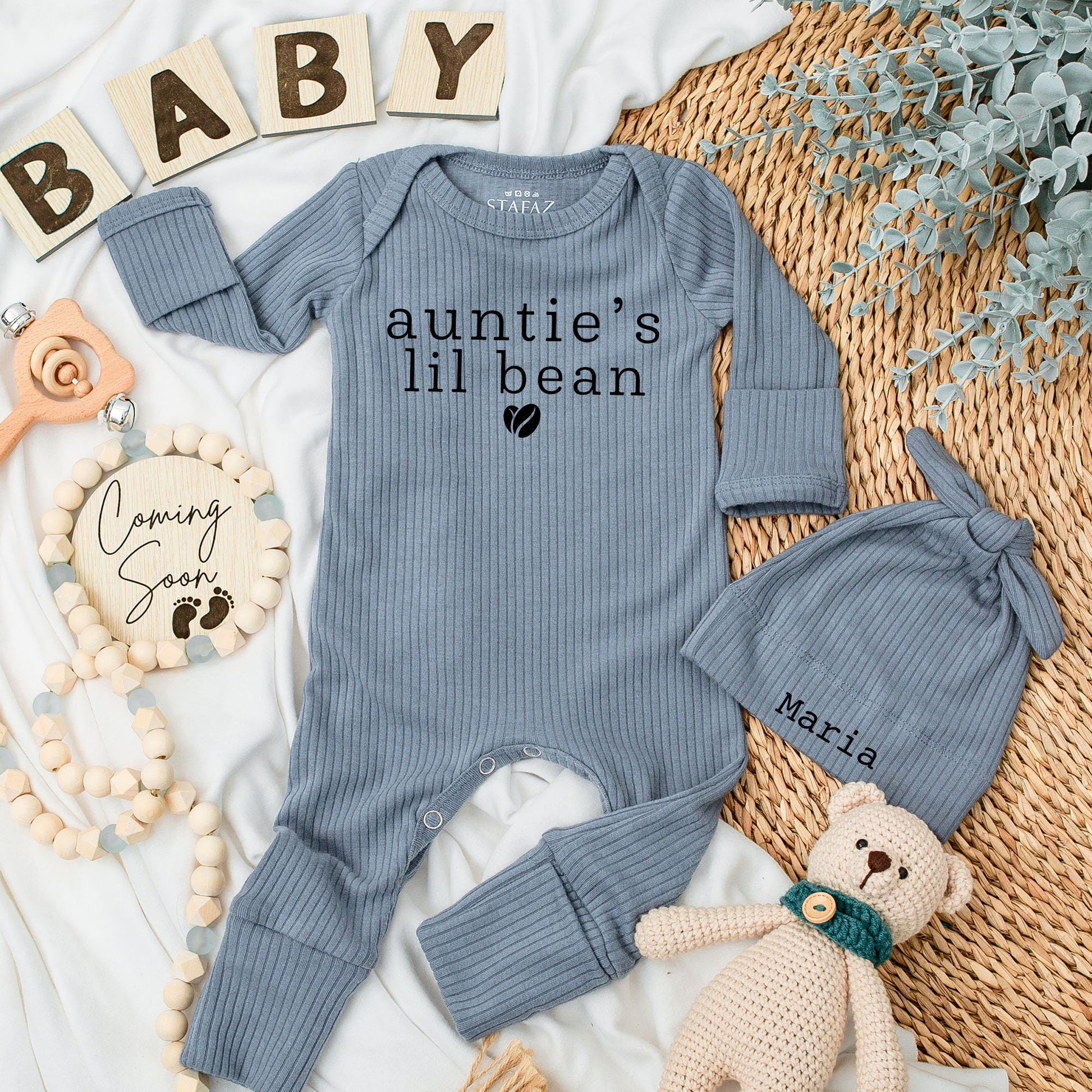 Auntie's Lil Bean Coffee Baby Bodysuit Hat Set Newborn Maria Design Long Sleeve Coming Home Outfit Baby Shower Gift