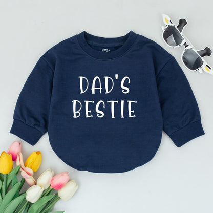 Dad's Bestie Baby Romper Newborn Gift Cute Father's Day Outfit 1st First Fathers Day Baby Clothes New Dad Reveal Sleepsuit White Text Modern
