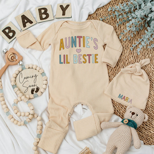 Personalized Auntie's Lil Bestie Baby Bodysuit & Hat Set Newborn Gift Coming Home Outfit Retro Muted Gold Pink Blue Heart Design Long Sleeve