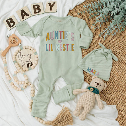 Personalized Auntie's Lil Bestie Baby Bodysuit & Hat Set Newborn Gift Coming Home Outfit Retro Muted Gold Pink Blue Heart Design Long Sleeve
