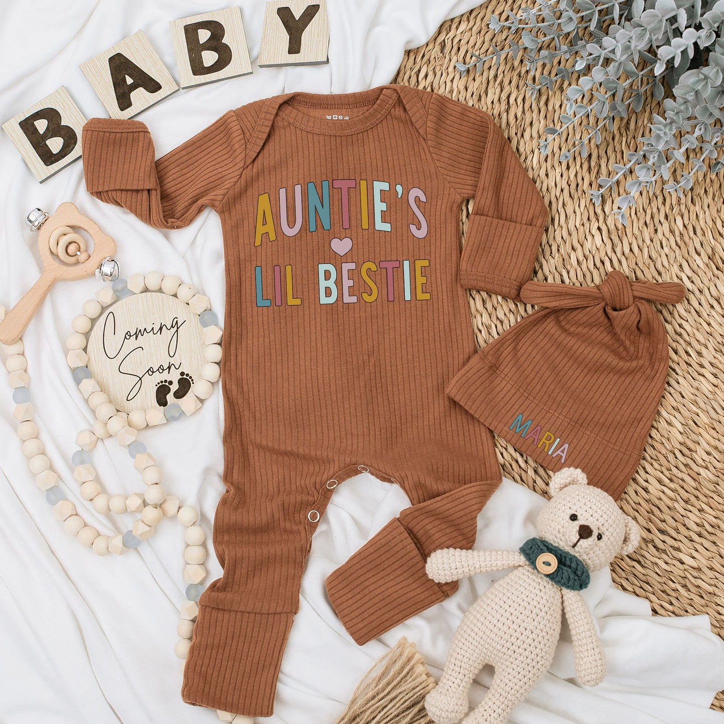 Personalized Auntie's Lil Bestie Baby Bodysuit & Hat Set Newborn Gift Coming Home Outfit Retro Muted Gold Pink Blue Heart Design Long Sleeve