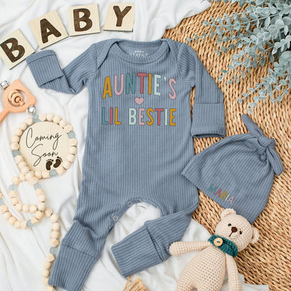 Personalized Auntie's Lil Bestie Baby Bodysuit & Hat Set Newborn Gift Coming Home Outfit Retro Muted Gold Pink Blue Heart Design Long Sleeve