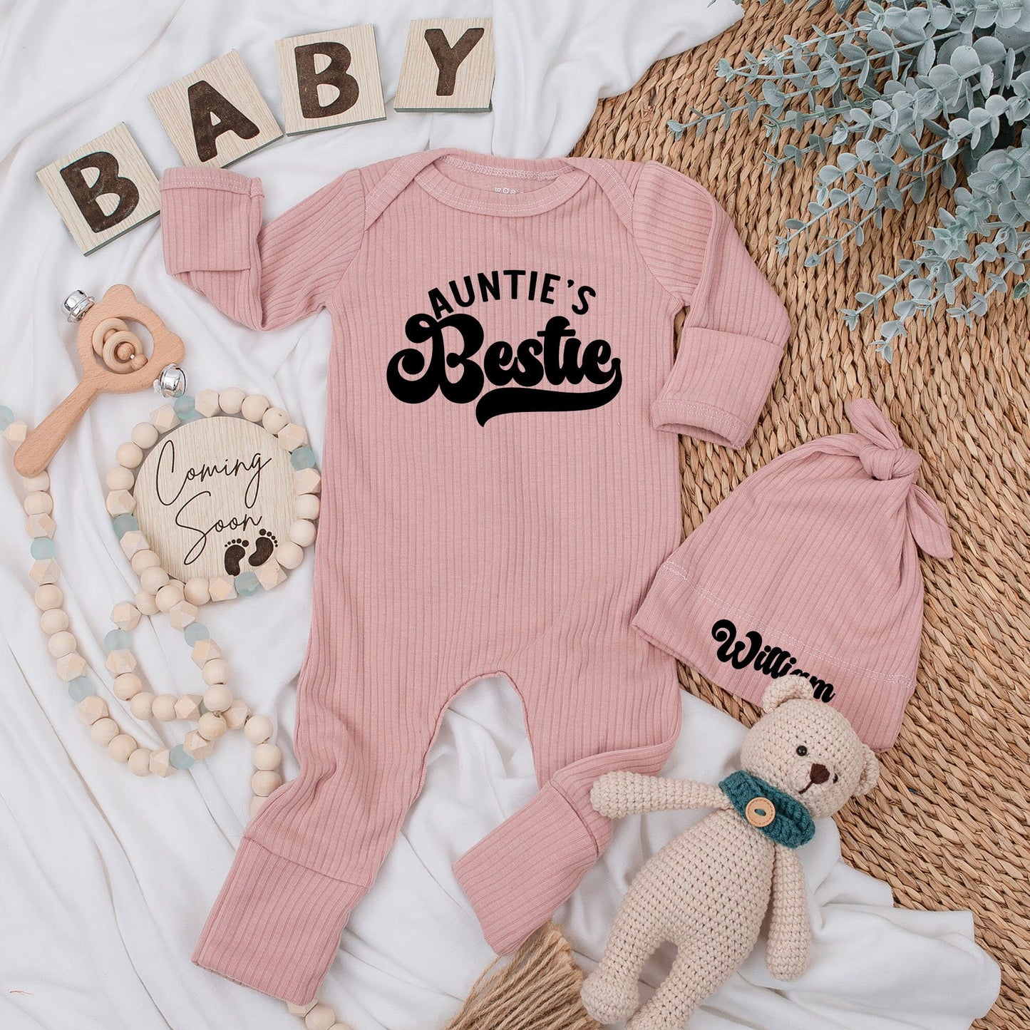 Personalized Auntie's Bestie Retro Baby Bodysuit Hat Set William Newborn Gift Shower Coming Home Long Sleeve Outfit