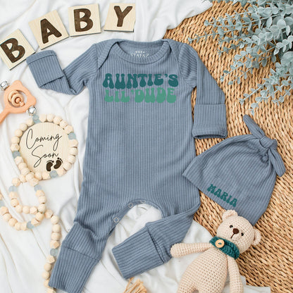 Personalized Auntie's Lil'Dude Baby Long Sleeve Bodysuit & Hat Set Retro 70s Design Teal Green Groovy Newborn Coming Home Outfit Baby Shower Gift