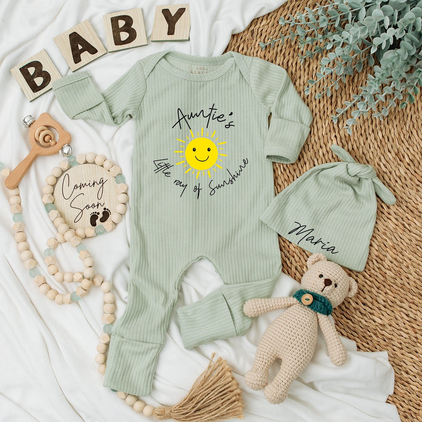Personalized Auntie's Little Ray of Sunshine Baby Bodysuit and Hat Set with Maria Name Cute Yellow Sun Newborn Coming Home Outfit Gift