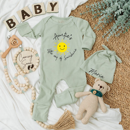 Personalized Auntie's Little Ray of Sunshine Baby Bodysuit and Hat Set with Maria Name Cute Yellow Sun Newborn Coming Home Outfit Gift