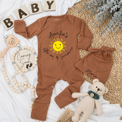 Personalized Auntie's Little Ray of Sunshine Baby Bodysuit and Hat Set with Maria Name Cute Yellow Sun Newborn Coming Home Outfit Gift
