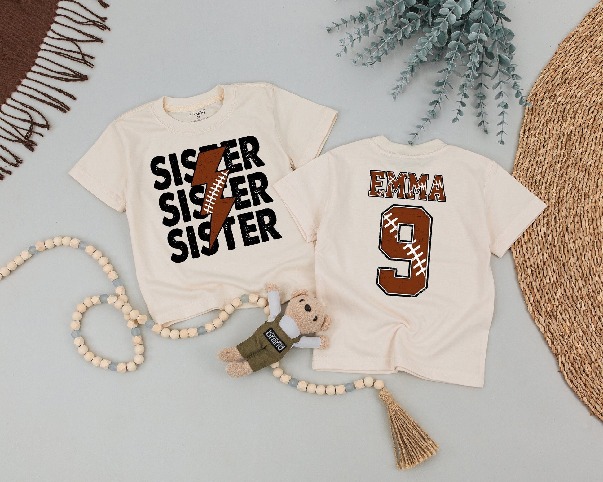 Custom SISTER Football Game Day Shirt, Personalized EMMA Number 9 Toddler Tee, Brother Sister Outfit, Rustic Sports Birthday Gift, Baby Clothes 138
