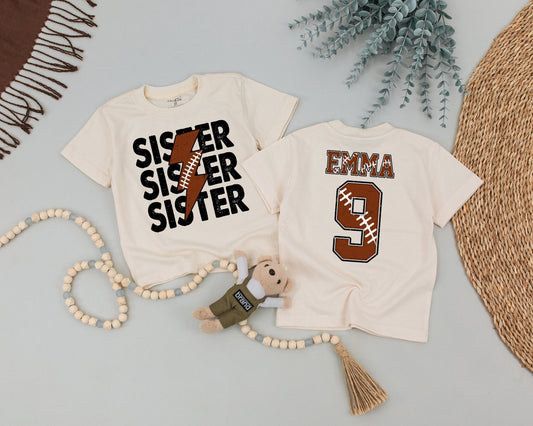 Custom SISTER Football Game Day Shirt, Personalized EMMA Number 9 Toddler Tee, Brother Sister Outfit, Rustic Sports Birthday Gift, Baby Clothes 138