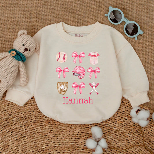 Personalized Baseball Sister Baby Romper Girl Game Day Outfit Pink Ribbon Watercolor Design Little Sister Bodysuit Baseball Fan Gift