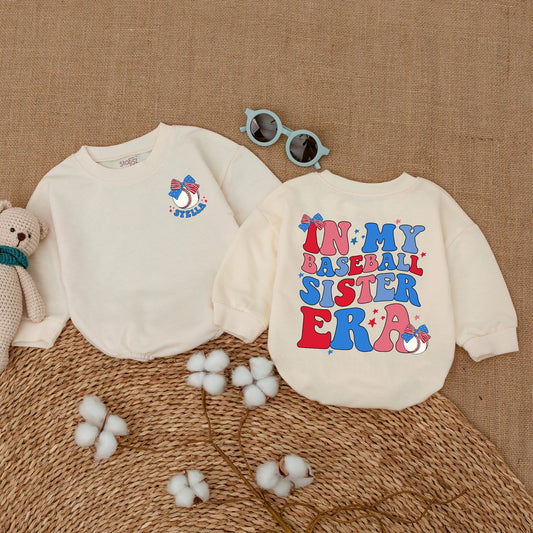 Personalized In My Baseball Sister Era Baby Romper Name Little Girl Bodysuit Red Blue Pink Retro Baseball Stars Design Comfortable Soft Cotton Baby Shower Gift