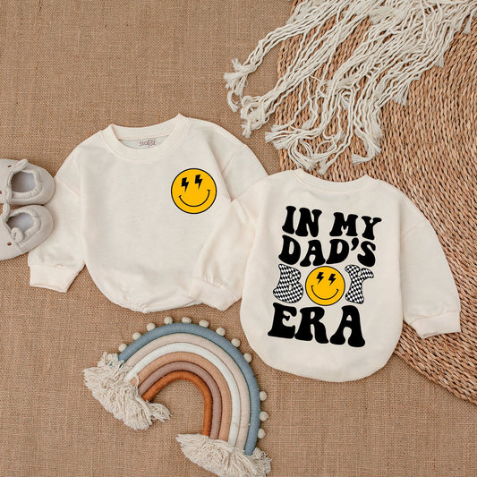 Playful Retro 'In My Dad's Era' Baby Boy Romper with Lightning Bolt Smiley Face Checkered Design Comfortable Cotton Bubble Suit Father's Day Gift