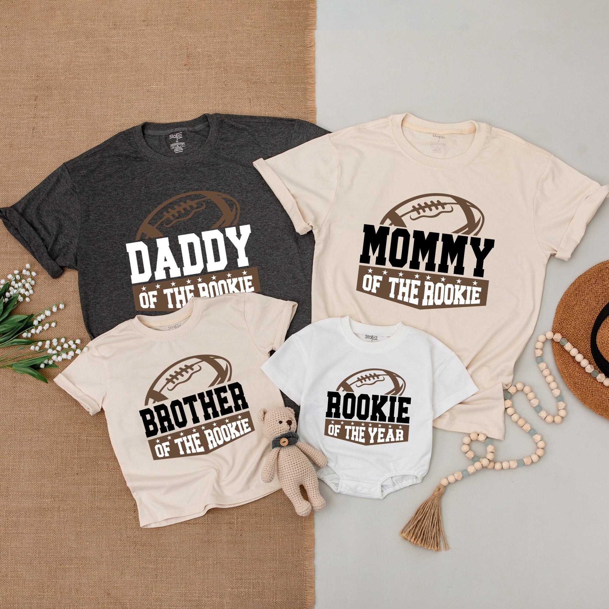 Football Family Matching Birthday Shirts Rookie of The Year First Year Down Modern Brown Black Design Baby Boy Romper Mommy Daddy Brother