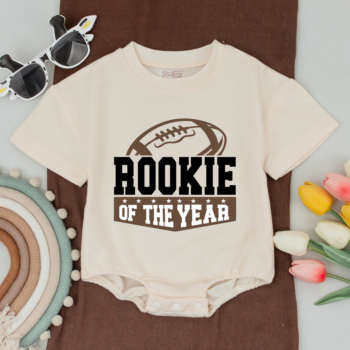 Football Family Matching Birthday Shirts Rookie of The Year First Year Down Modern Brown Black Design Baby Boy Romper Mommy Daddy Brother