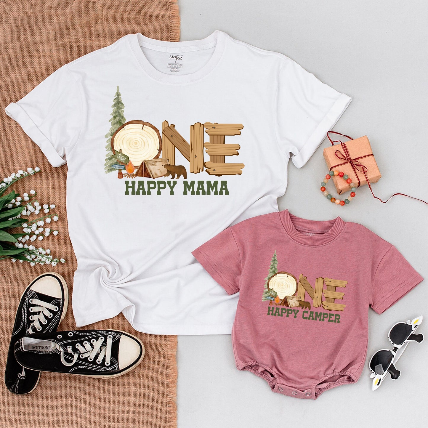 One Happy Camper First Birthday Outfit Baby Romper Rustic Camping Theme Matching Family Shirts with Pine Tree Bear Campfire Design