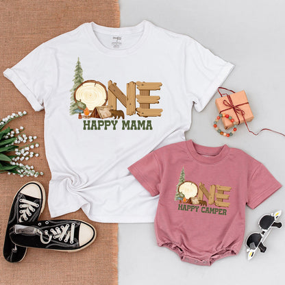 One Happy Camper First Birthday Outfit Baby Romper Rustic Camping Theme Matching Family Shirts with Pine Tree Bear Campfire Design