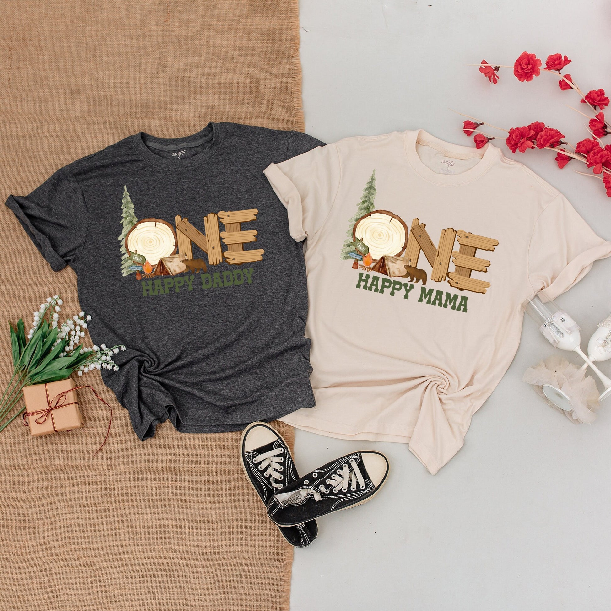One Happy Camper First Birthday Outfit Baby Romper Rustic Camping Theme Matching Family Shirts with Pine Tree Bear Campfire Design