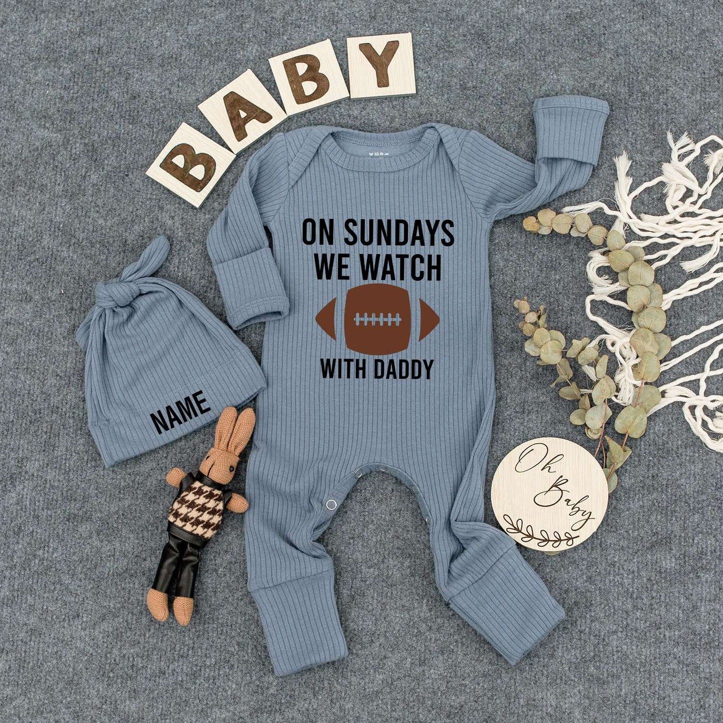 Personalized Baby Bodysuit Hat Set On Sundays We Watch Football with Daddy Custom Name Newborn Infant Outfit Gender Neutral New Mom Gift