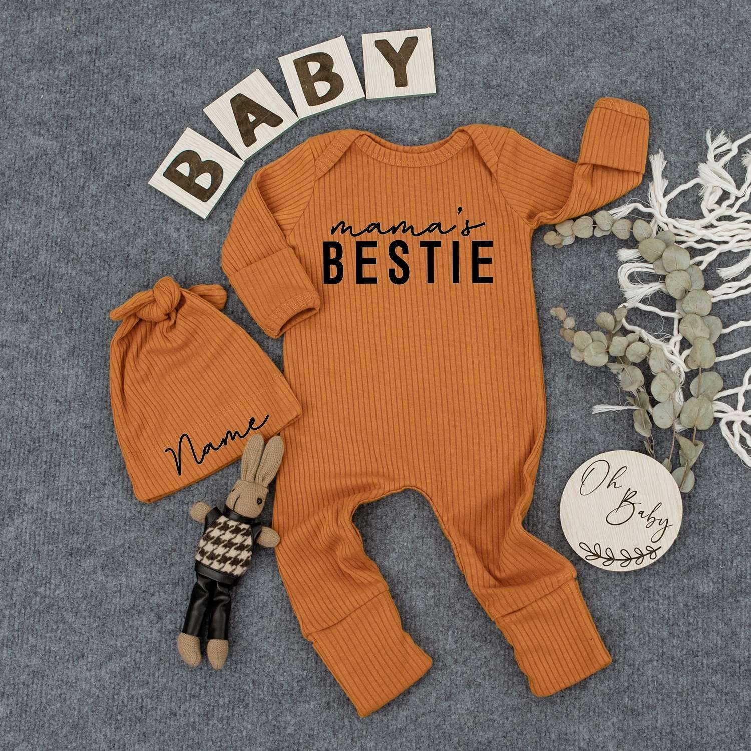 Personalized Mama's Bestie Baby Bodysuit with Name Hat Set Cute Newborn Romper Outfit New Mom Infant Daughter Boho Gift