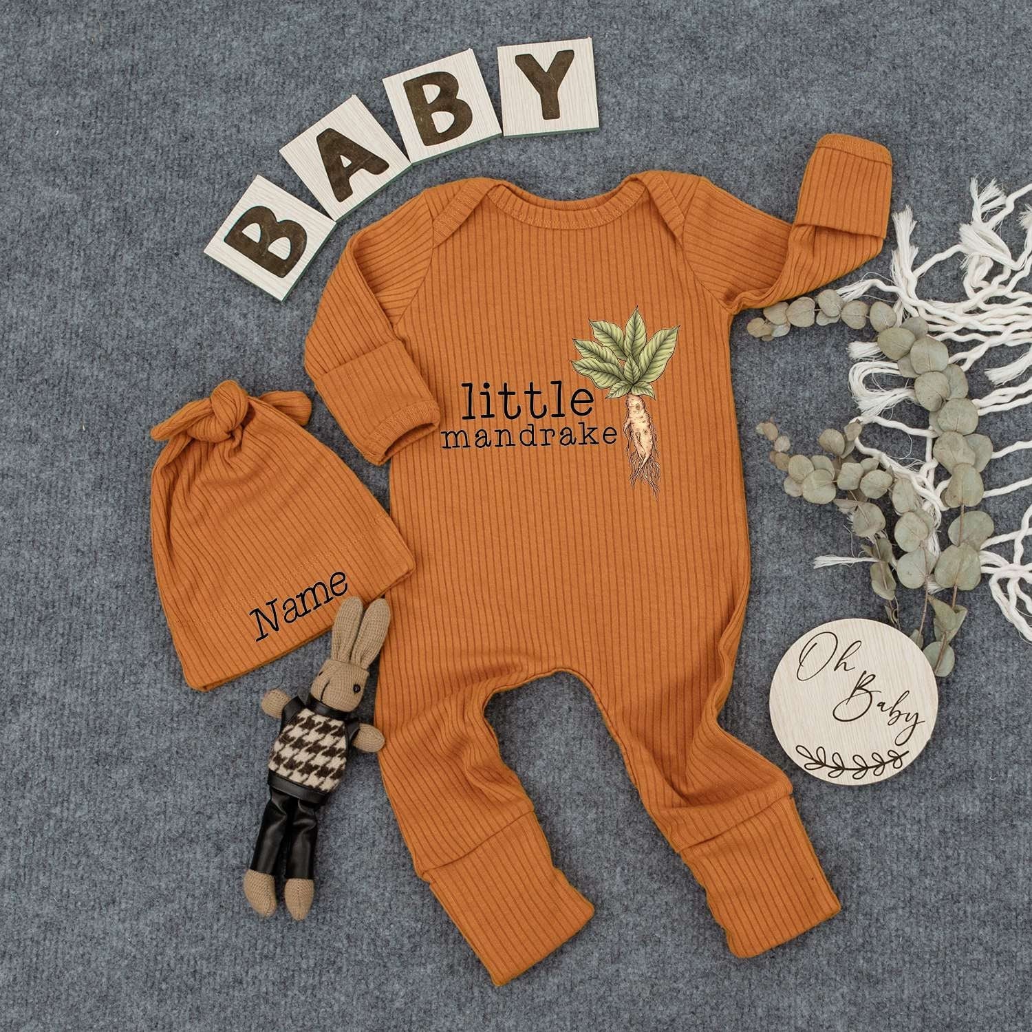 Personalized Baby Mandrake Bodysuit Hat Set Custom Name Whimsical Plant Design Newborn Outfit Vintage Boho Style Gender Neutral New Baby Gift Idea