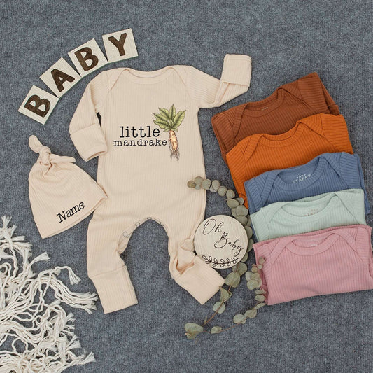 Personalized Baby Mandrake Bodysuit Hat Set Custom Name Whimsical Plant Design Newborn Outfit Vintage Boho Style Gender Neutral New Baby Gift Idea
